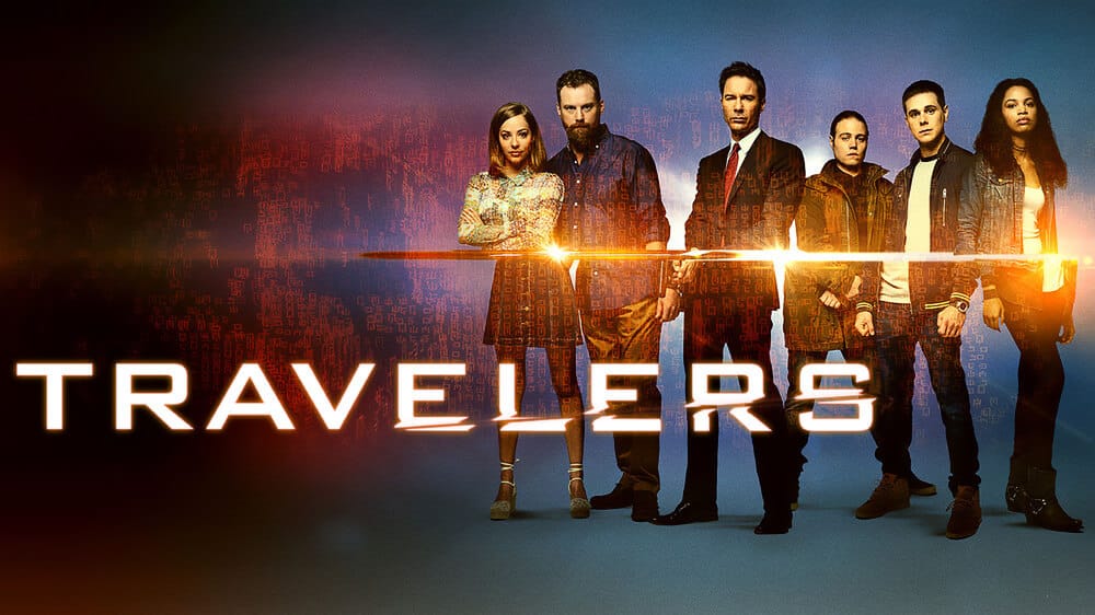 Characters from the TV show Travelers staring at the camera