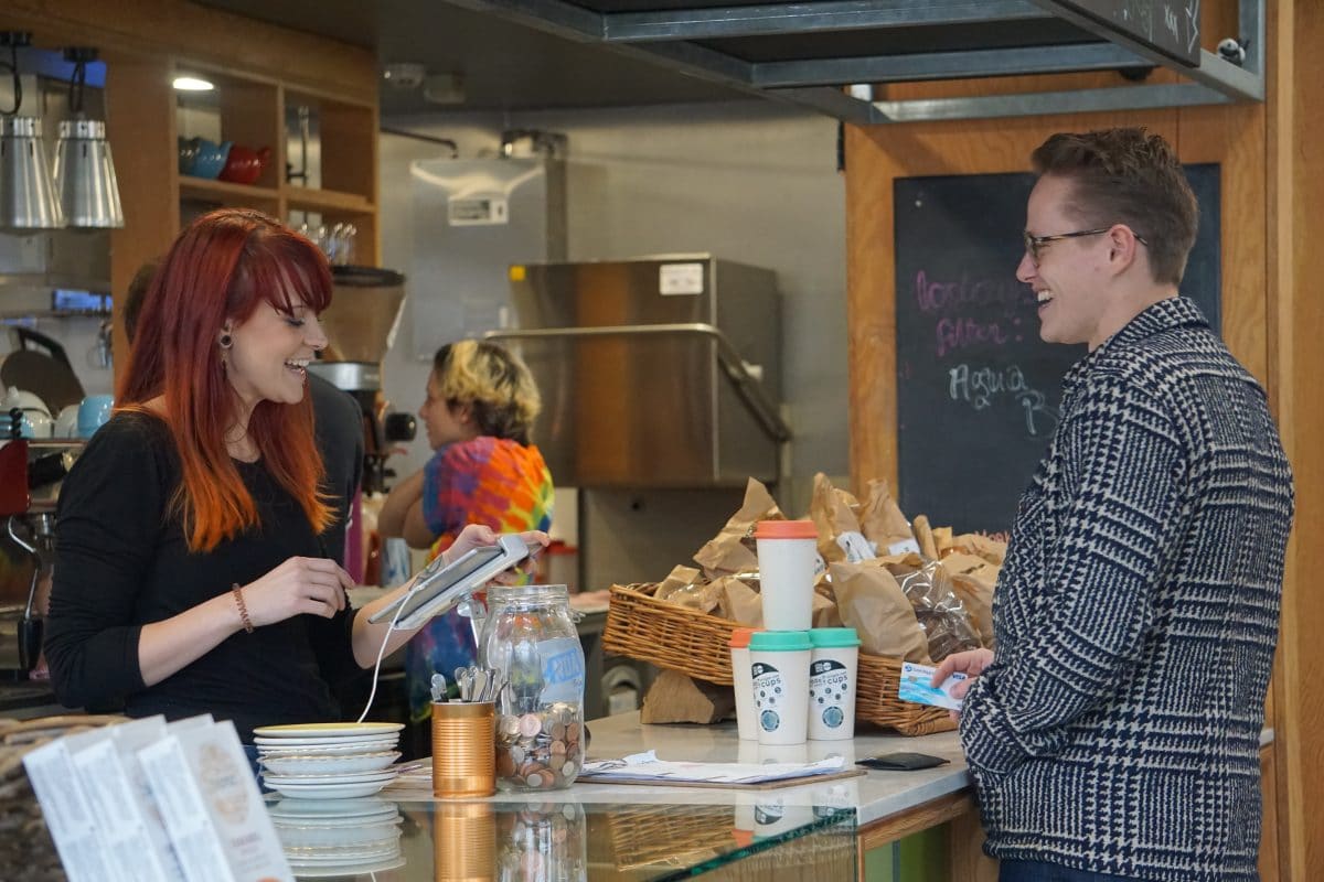 James buys a coffee from Lindsey at Noa Bakehouse in Douglas