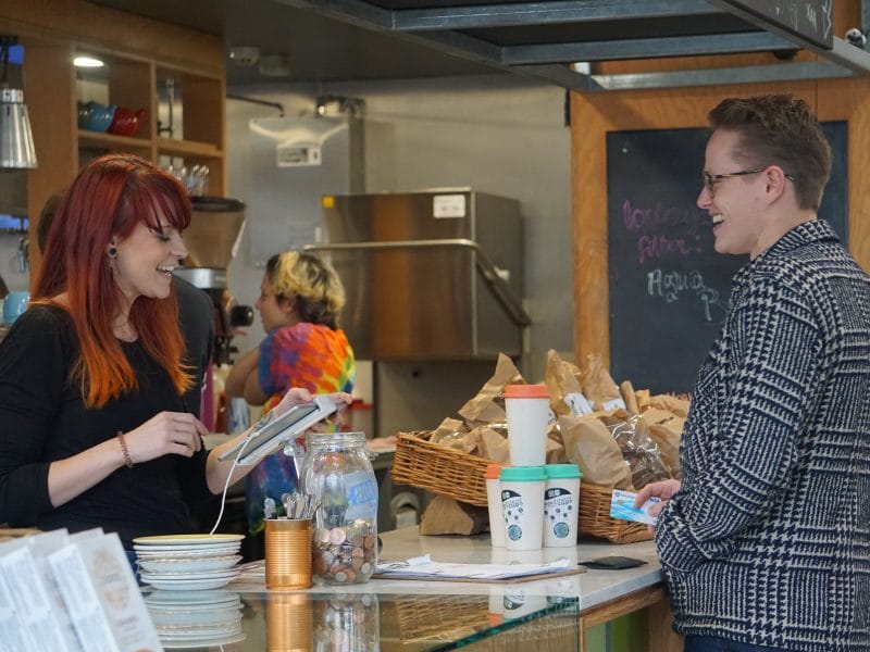 James buys a coffee from Lindsey at Noa Bakehouse in Douglas