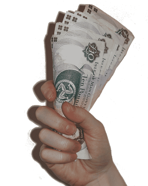 A hand holding Manx pounds