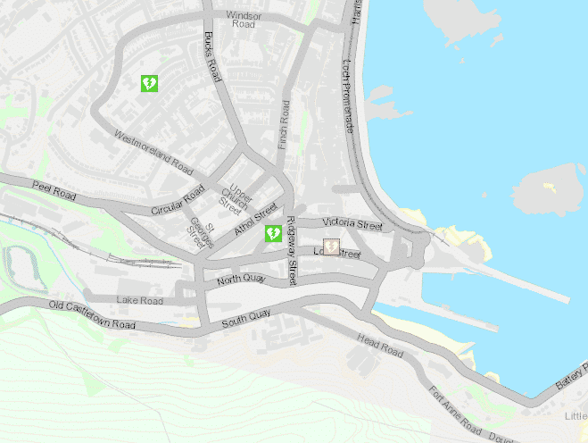 A map showing the location of some defibrillators in inner Douglas