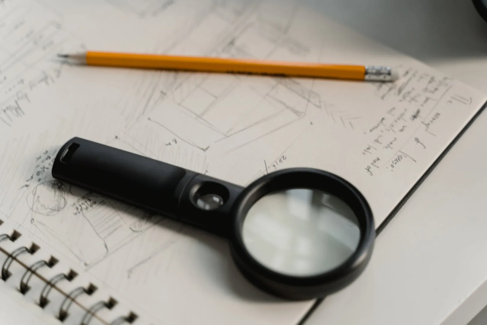 black magnifying glass beside yellow pencil