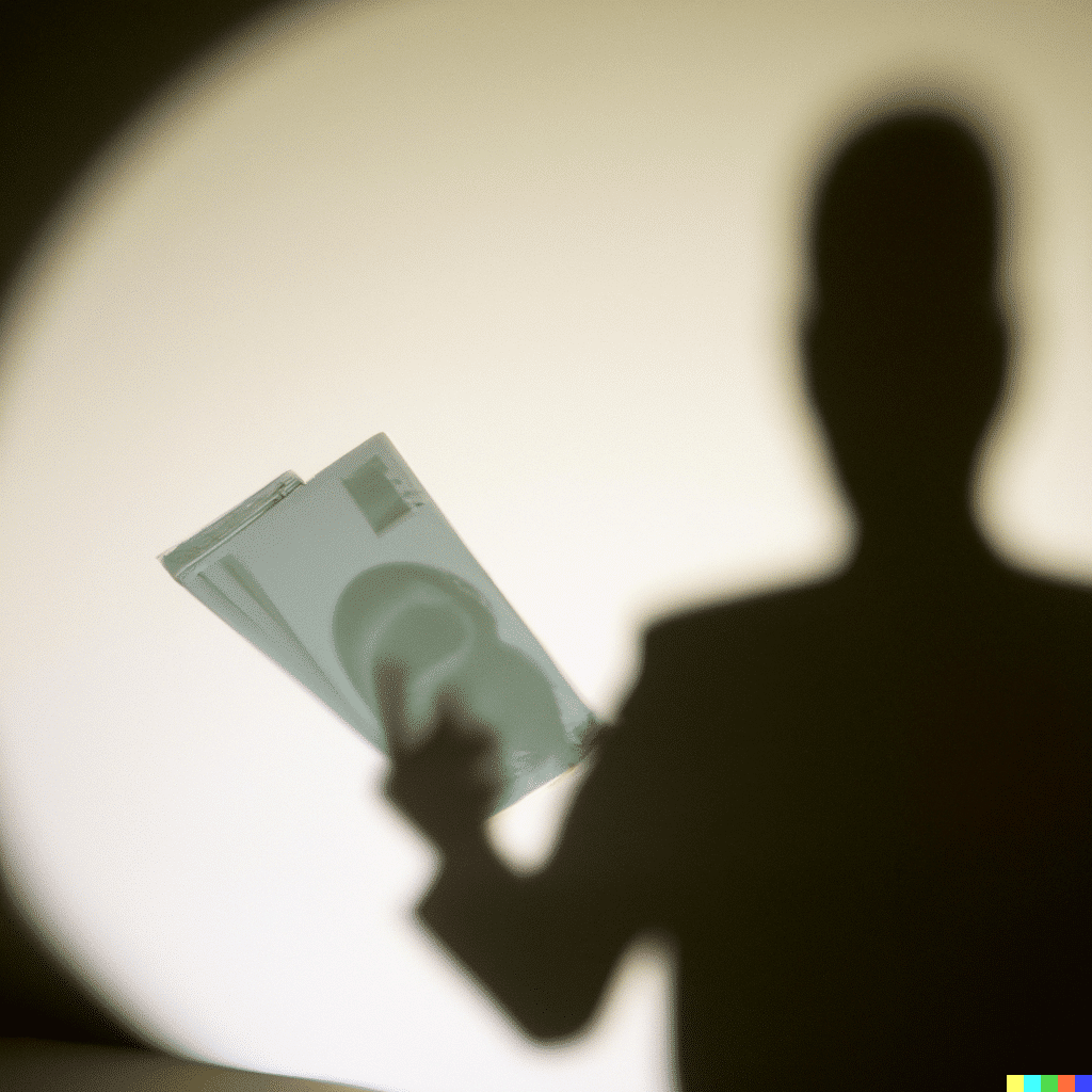 An AI generated image of a secret payment in cash (British Pounds) from a shadowy figure.