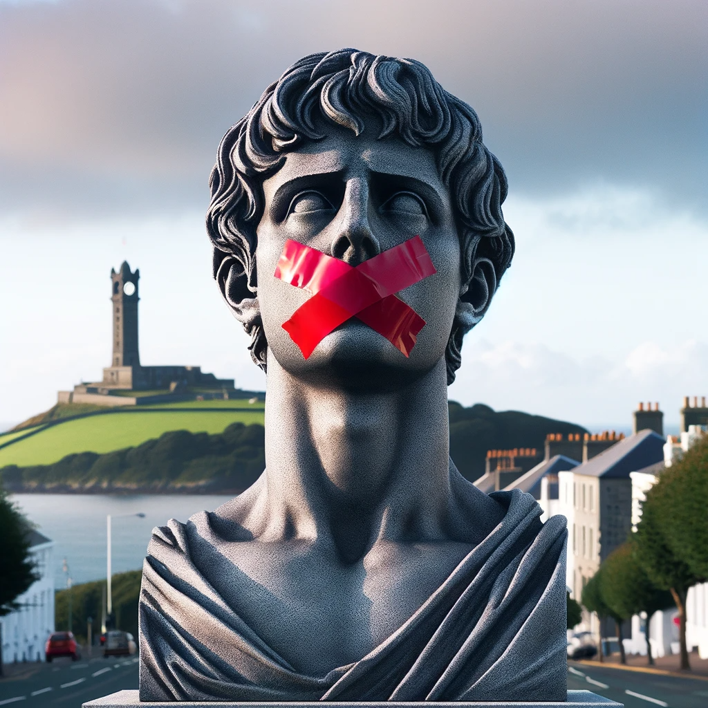 An AI image generated by DALL·E-2023-12-01-09.55.53-A-symbolic-image-representing-the-concept-of-limits-to-freedom-of-speech-set-in-the-Isle-of-Man.-The-image-features-a-statue-of-a-person-with-a-tape-.png