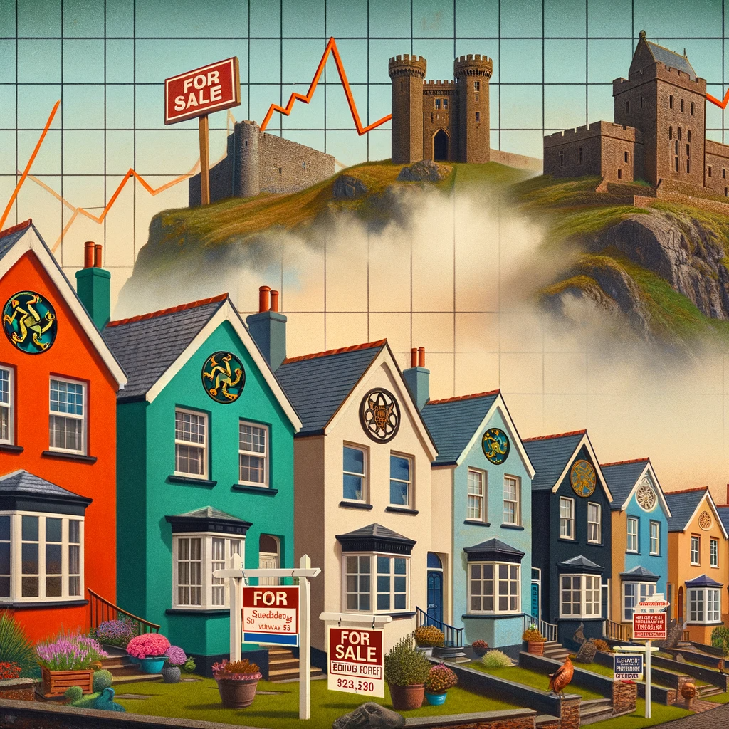 A generic AI-generated image iullustrating the housing market on the Isle of Man, incorporating traditional Manx houses, a Manx castle, and an attempt at a triskelion, all set against the backdrop of the economic concept of housing unaffordability due to supply elasticity.