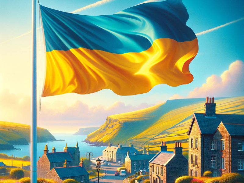 An AI-generated image of a Ukrainian flag flying in the Isle of Man