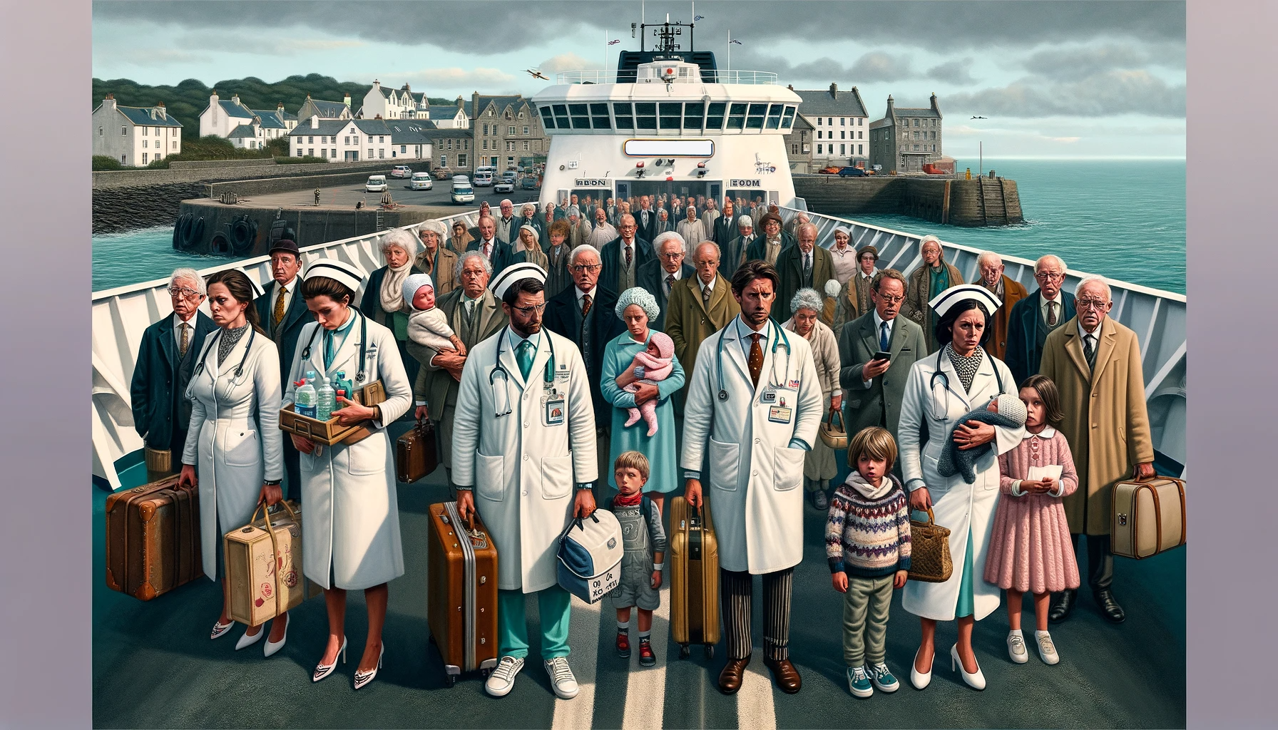 An AI-generated image of people leaving the Isle of Man on a boat.