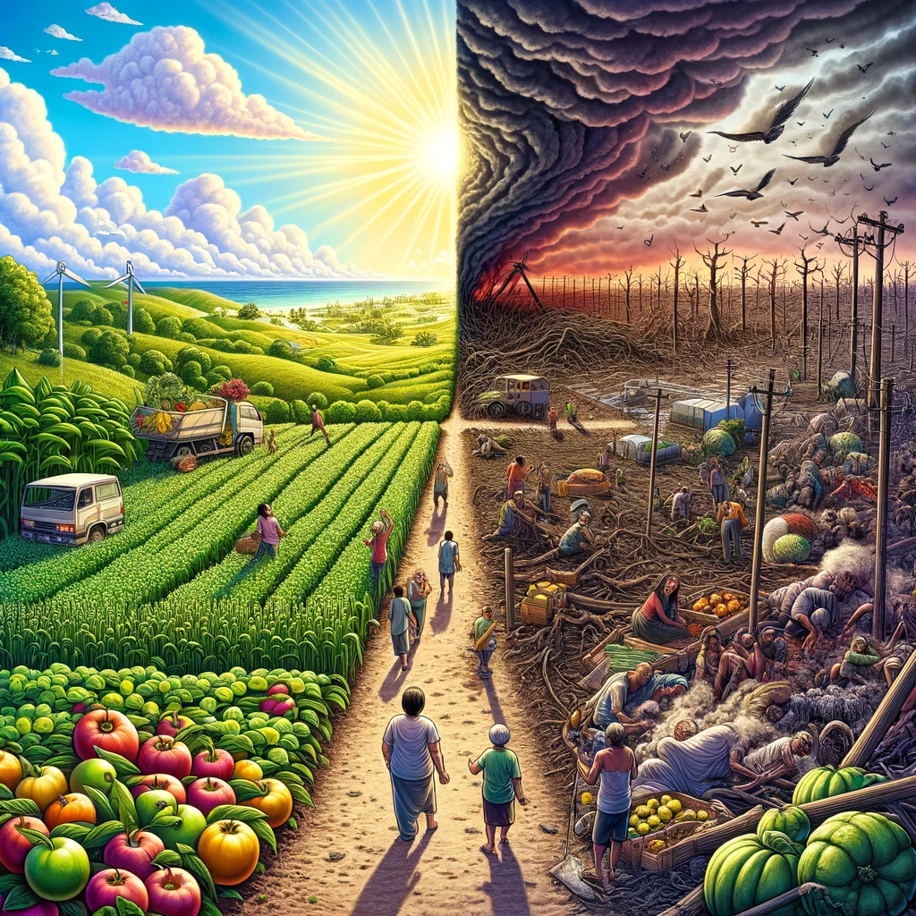 An AI generated image: DALL·E-2024-02-13-18.46.37-A-visually-compelling-image-that-portrays-the-contrast-between-the-initial-intentions-of-promoting-organic-farming-and-the-dire-consequences-it-led-to.webp